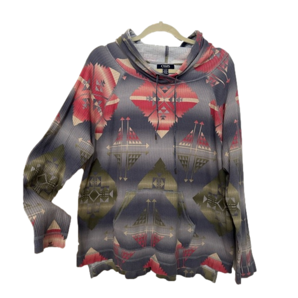Chaps Aztec Pullover Hoodie with Front Pocket and Side Slits